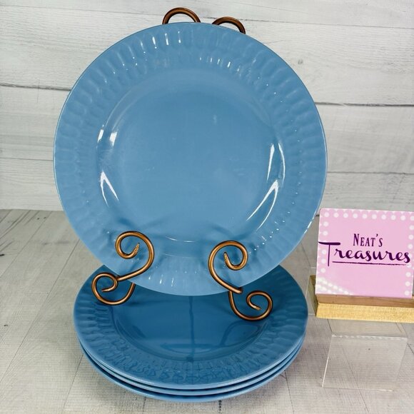 Coventry SKINNY HEX Blue Embossed Rim Design Stoneware 11" Dinner Plates Set 4 - Picture 1 of 16